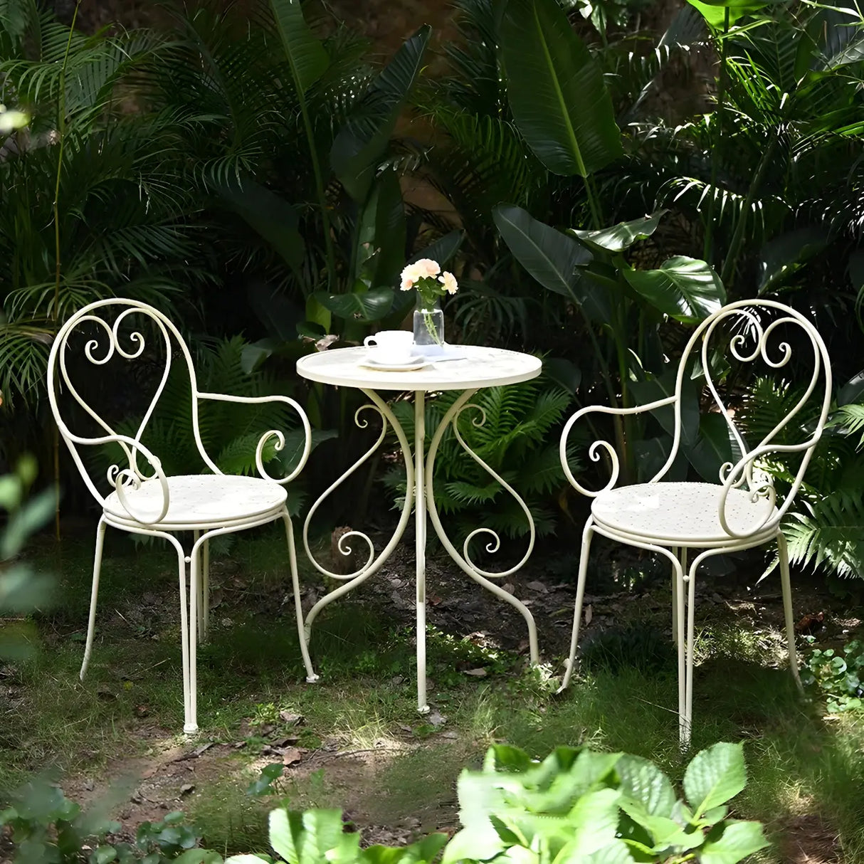 French Country Iron Round Weatherproof Patio Dining Set Image - 3