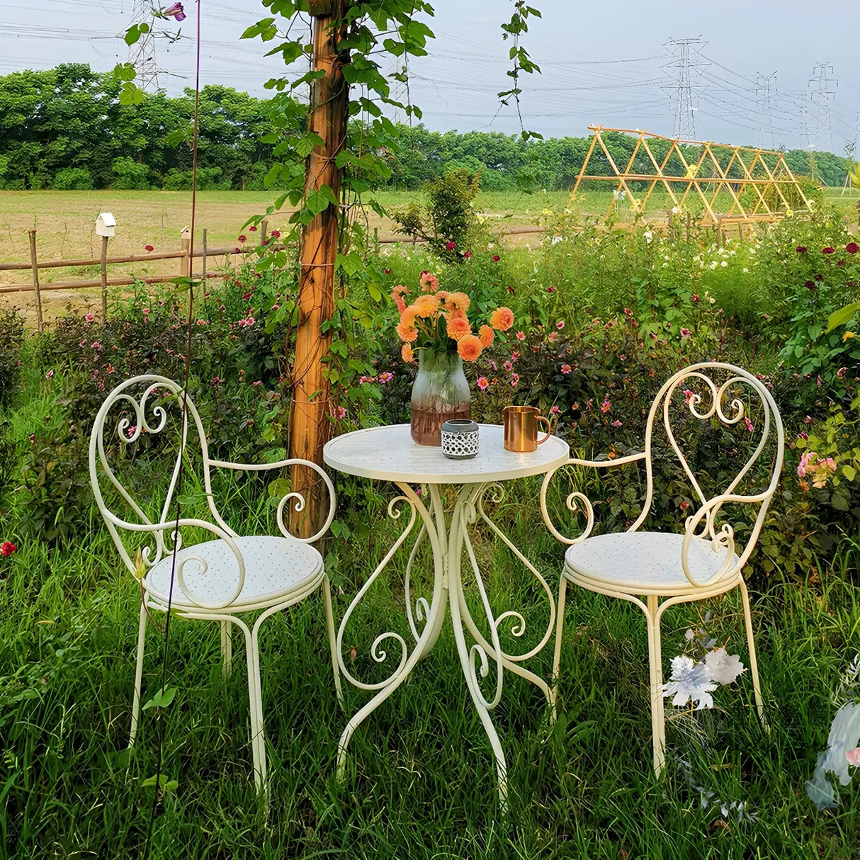 French Country Iron Round Weatherproof Patio Dining Set Image - 4