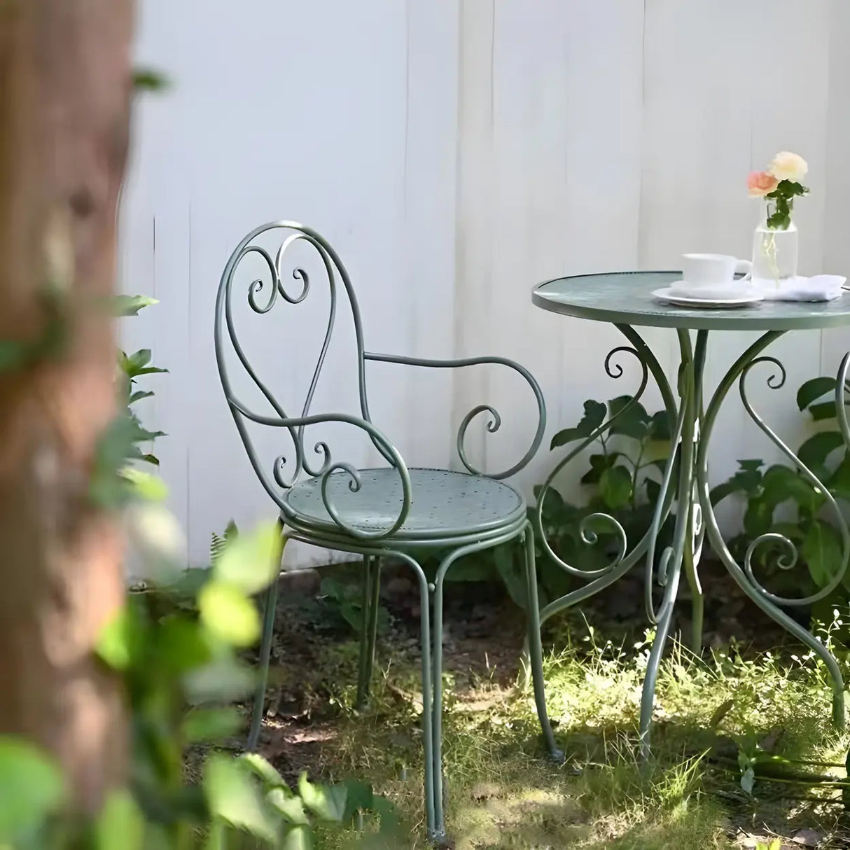 French Country Iron Round Weatherproof Patio Dining Set Image - 9