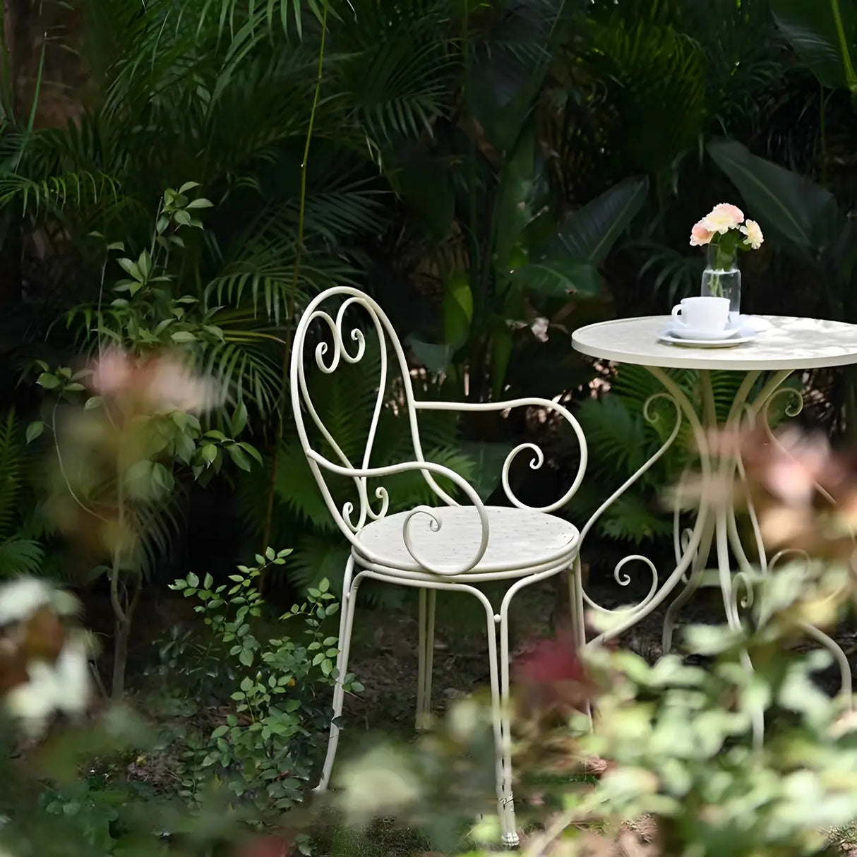 French Country Iron Round Weatherproof Patio Dining Set Image - 10