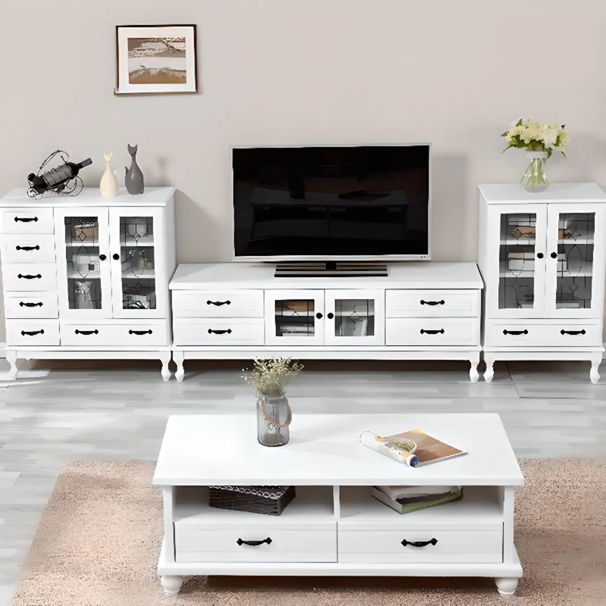 French Country Matte White Wood Rectangle Wood TV Stand Image - 1