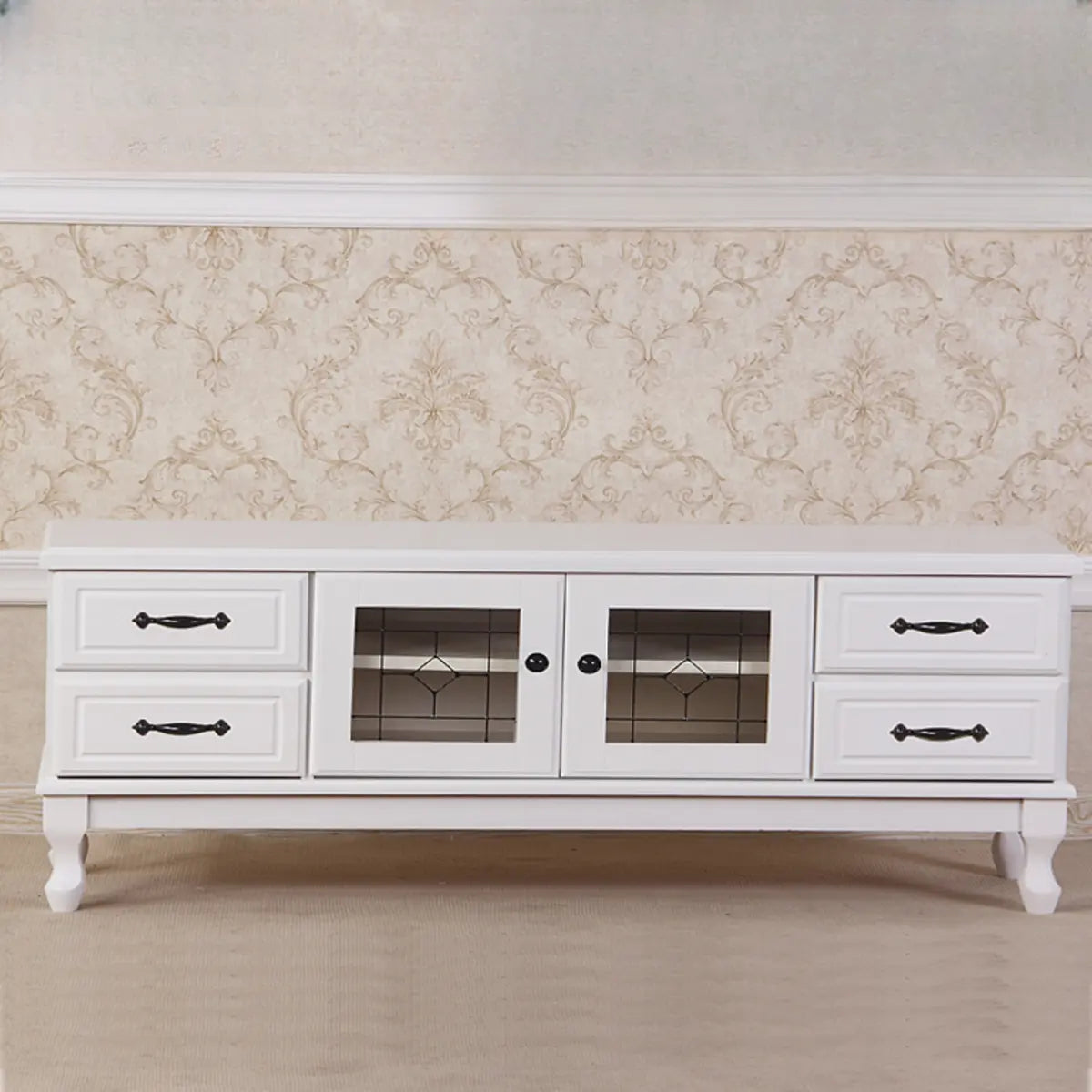 French Country Matte White Wood Rectangle Wood TV Stand Image - 2