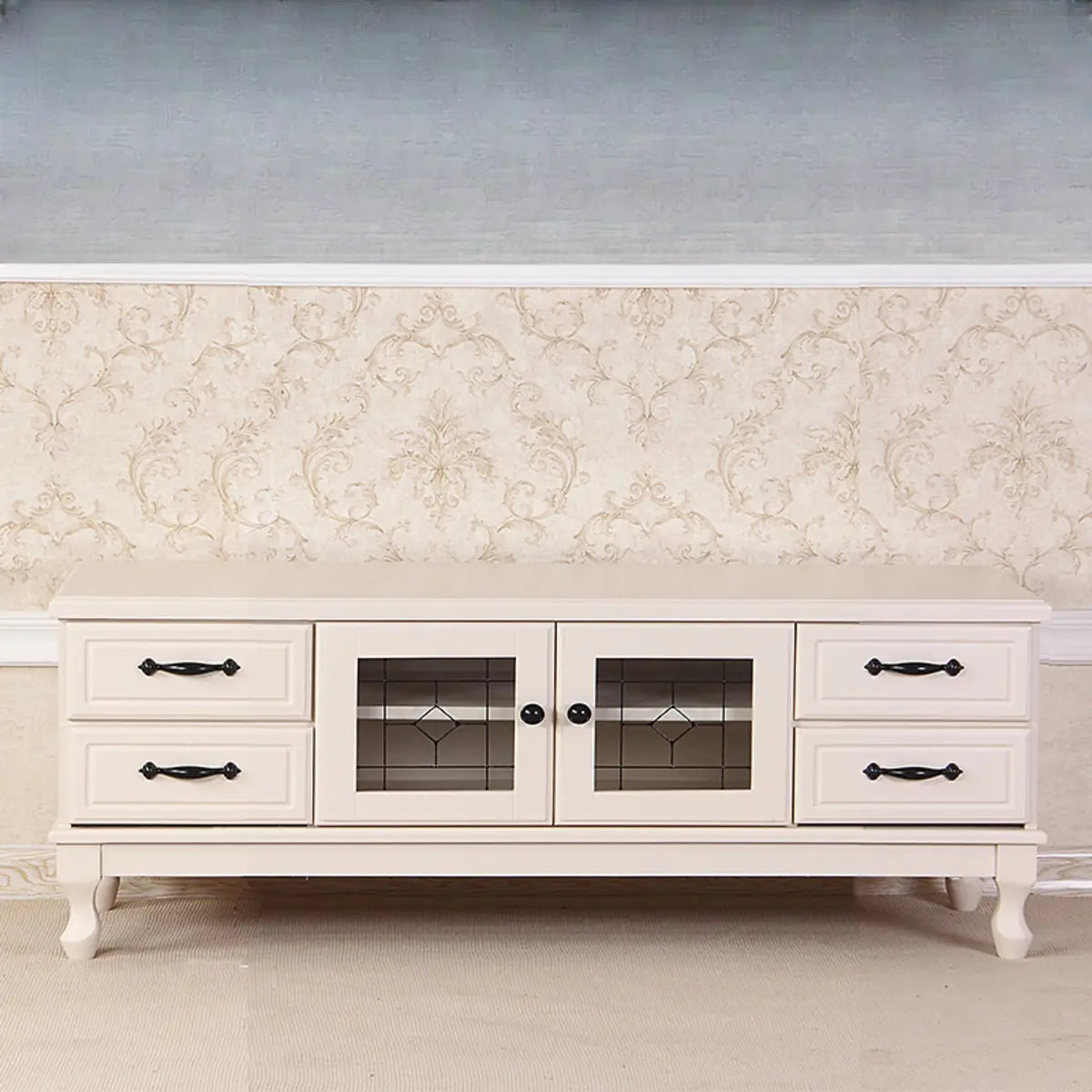 French Country Matte White Wood Rectangle Wood TV Stand Image - 3