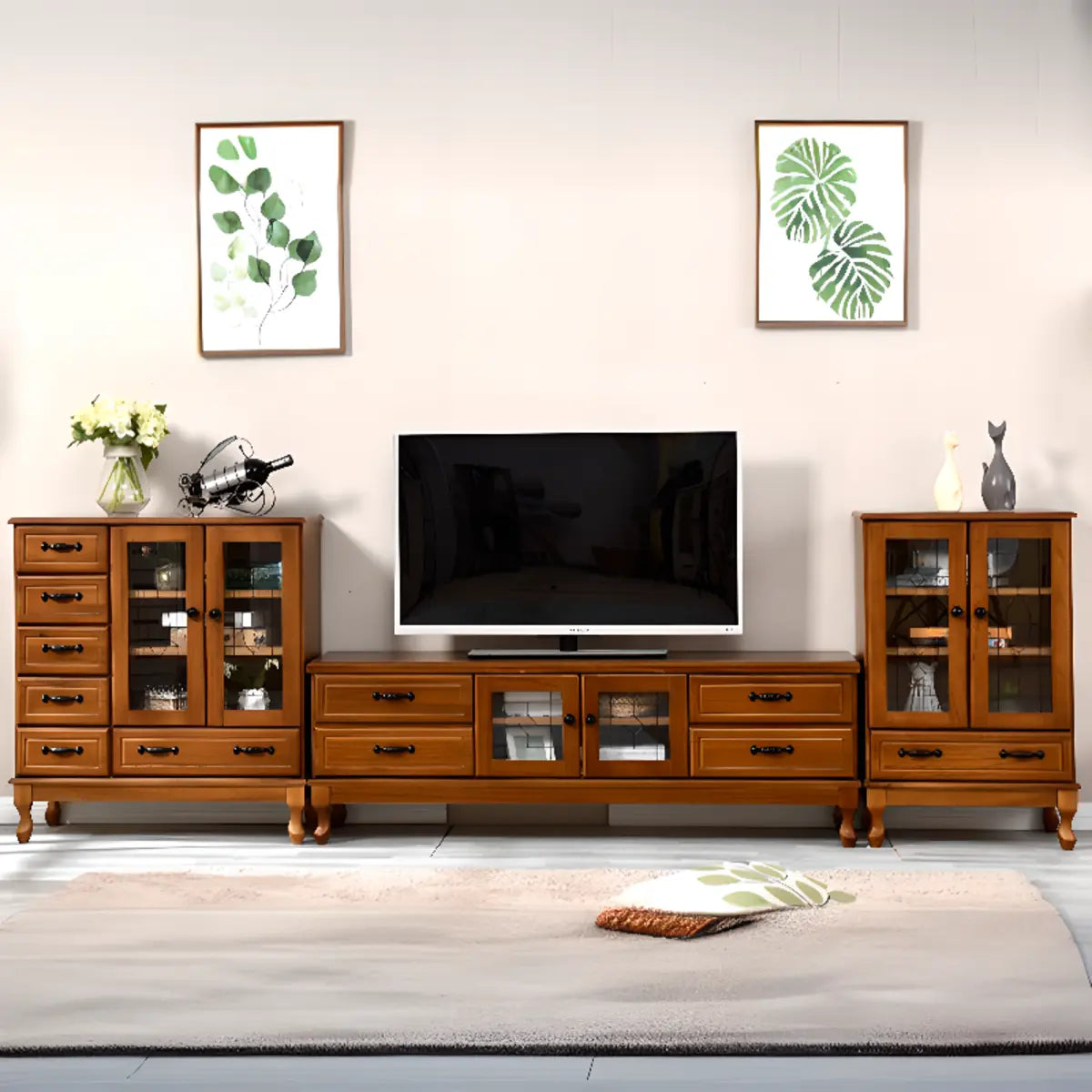 French Country Matte White Wood Rectangle Wood TV Stand Image - 4