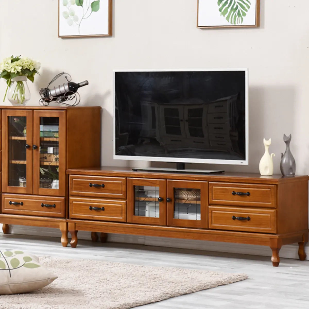 French Country Matte White Wood Rectangle Wood TV Stand Image - 6