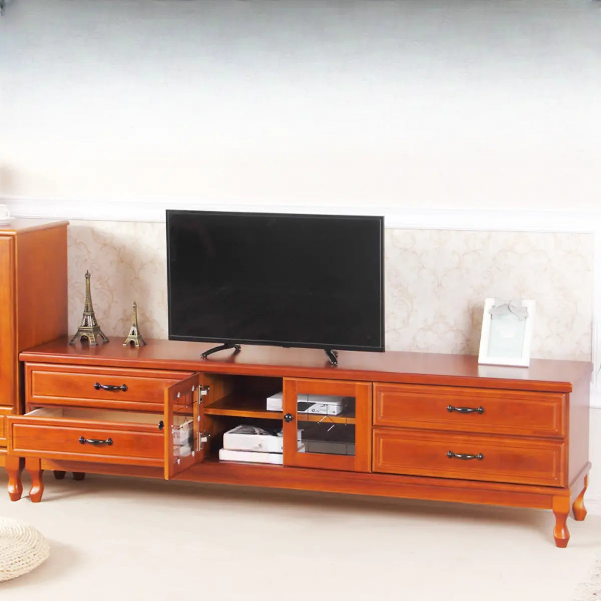 French Country Matte White Wood Rectangle Wood TV Stand Image - 7