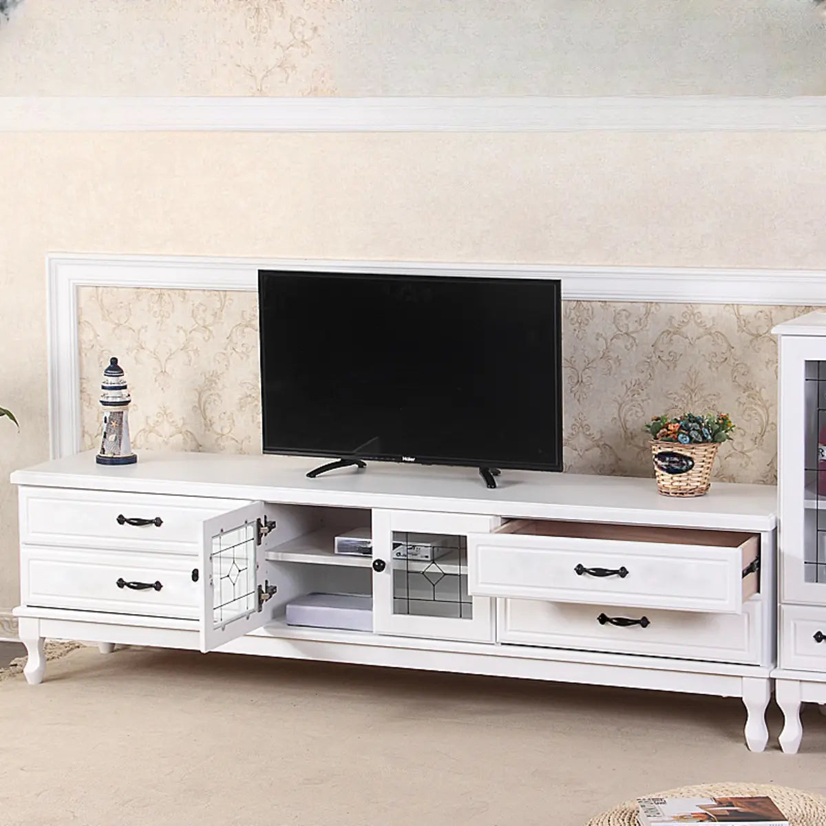 French Country Matte White Wood Rectangle Wood TV Stand Image - 9