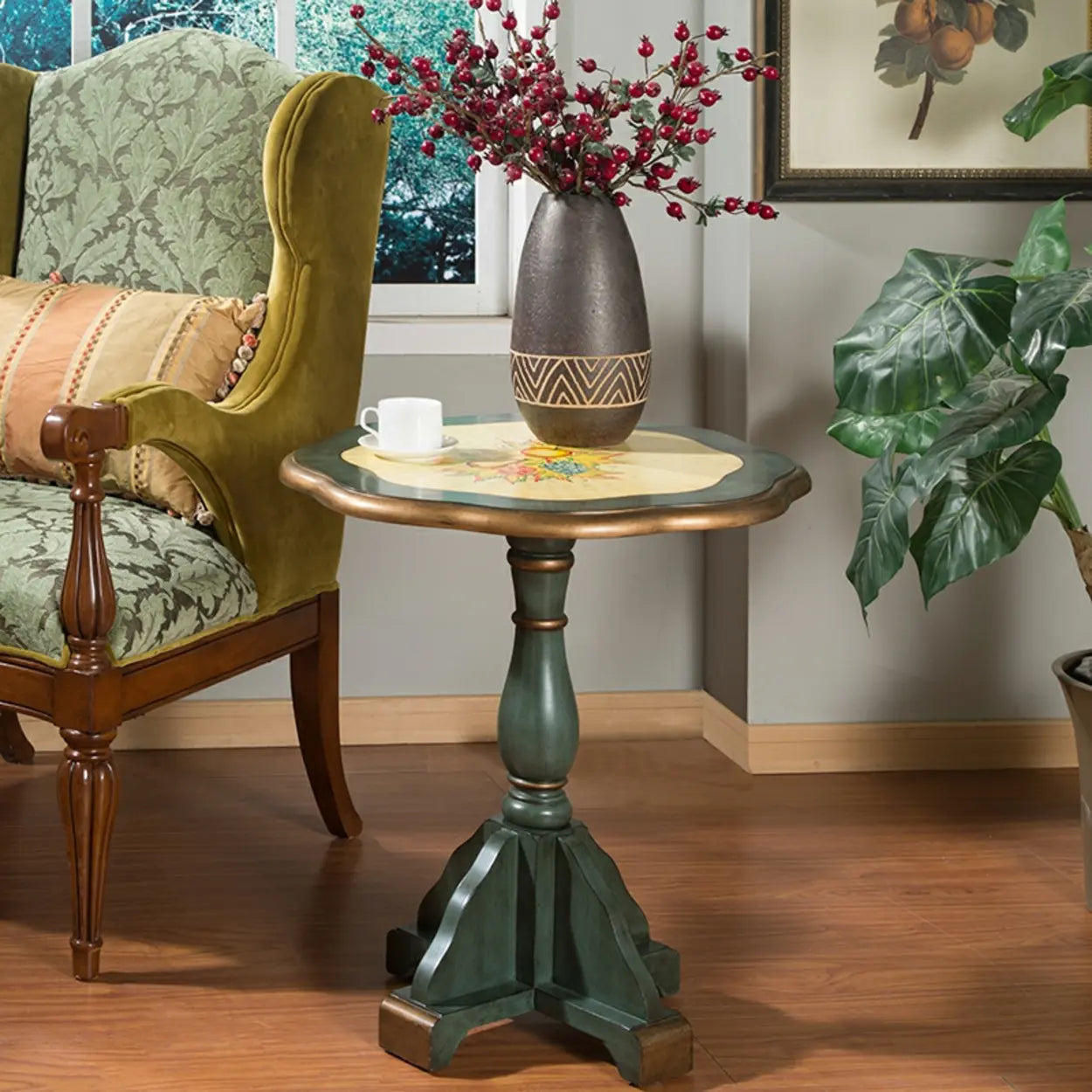 French Country Vintage Green Painted Wood Pedestal Side Table Image - 1