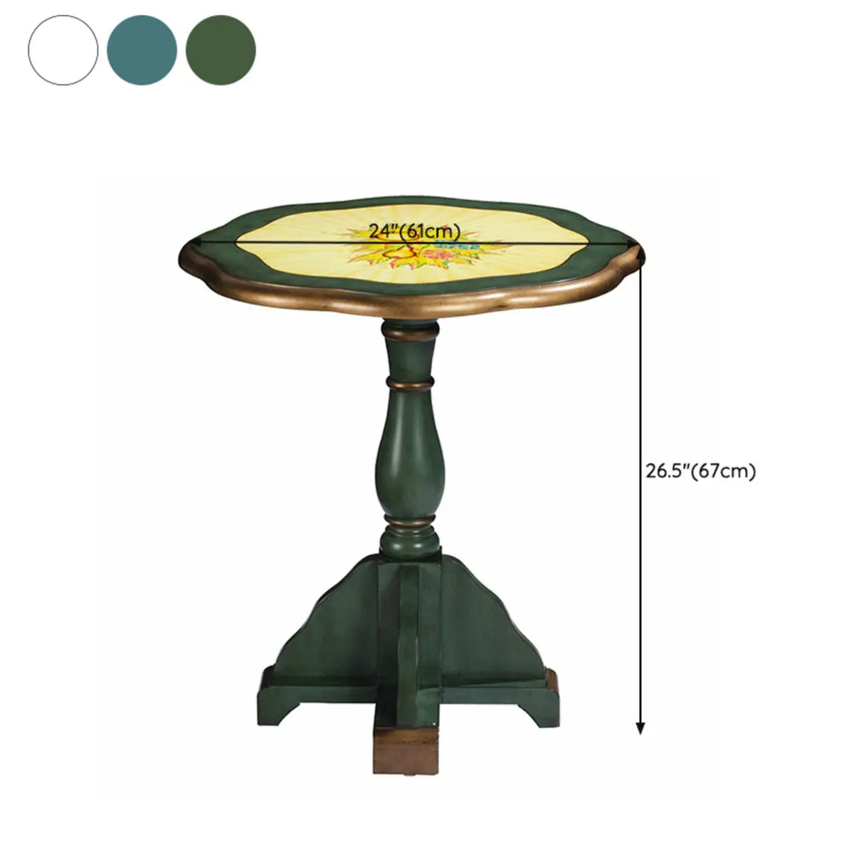 French Country Vintage Green Painted Wood Pedestal Side Table