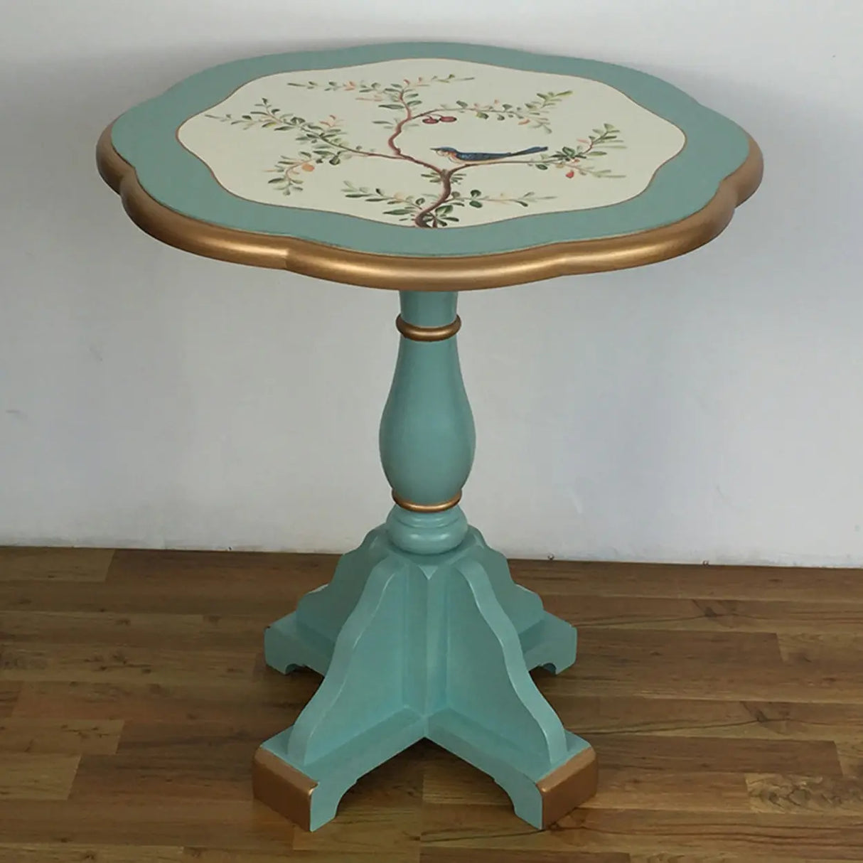 French Country Vintage Green Painted Wood Pedestal Side Table Image - 3