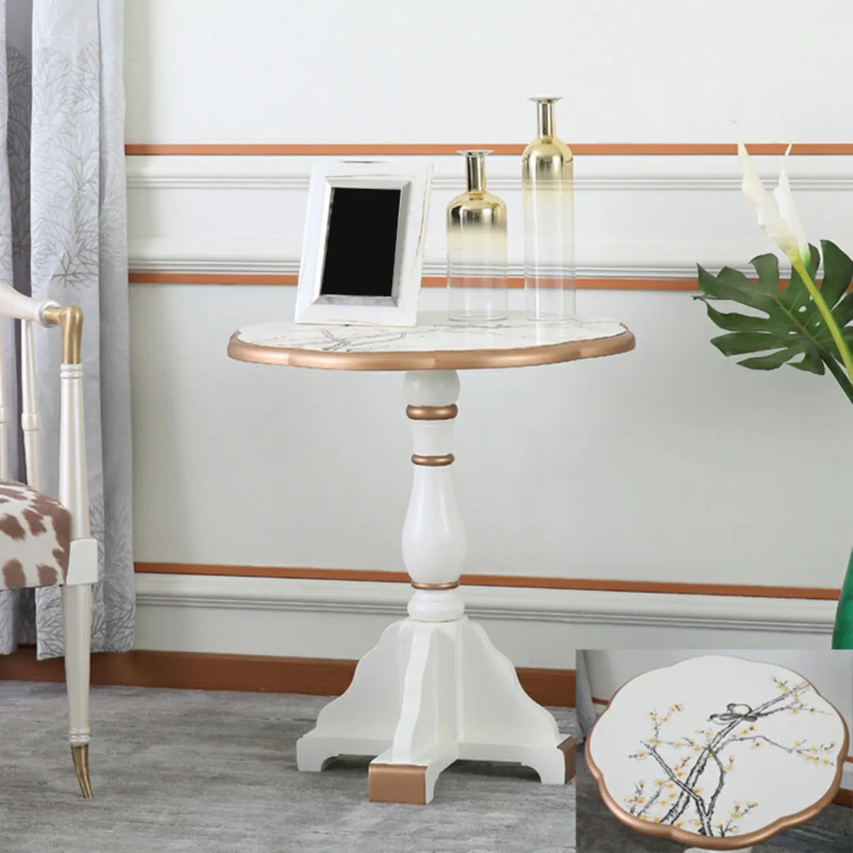 French Country Vintage Green Painted Wood Pedestal Side Table Image - 4