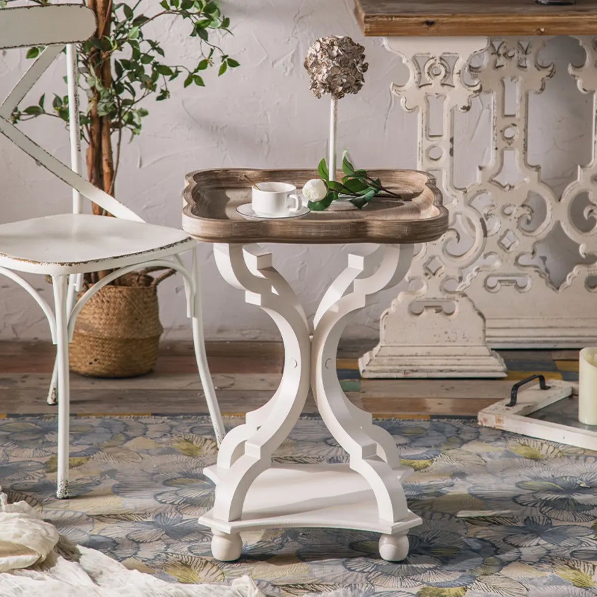 French Country Vintage White Carved Base Wood Side Table Image - 1