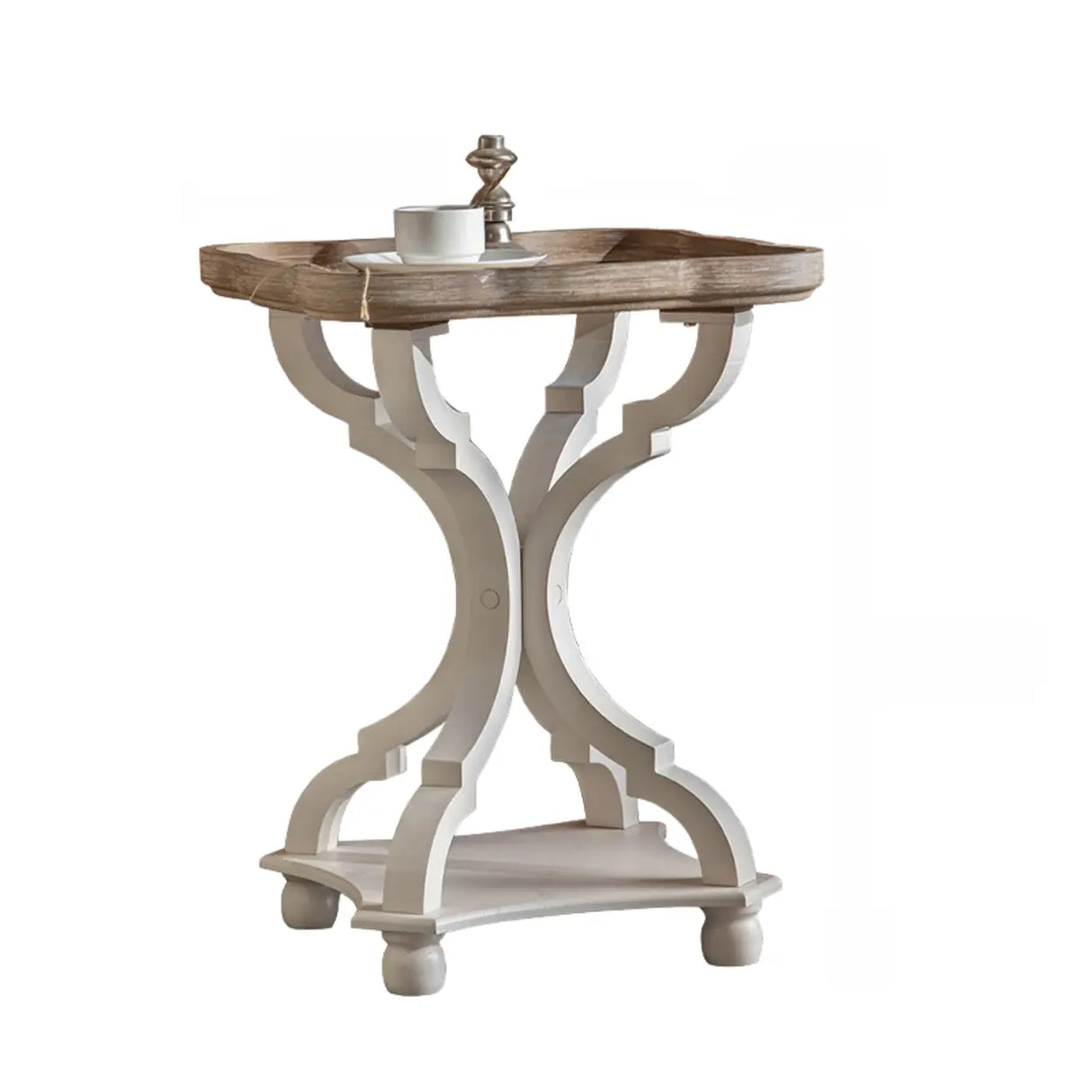 French Country Vintage White Carved Base Wood Side Table Image - 2