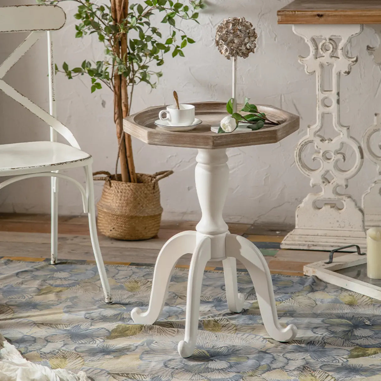 French Country Vintage White Carved Base Wood Side Table Image - 4