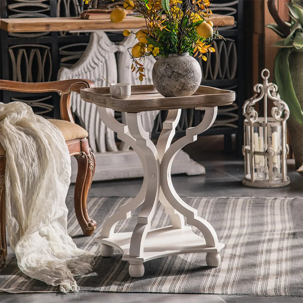 French Country Vintage White Carved Base Wood Side Table Image - 5