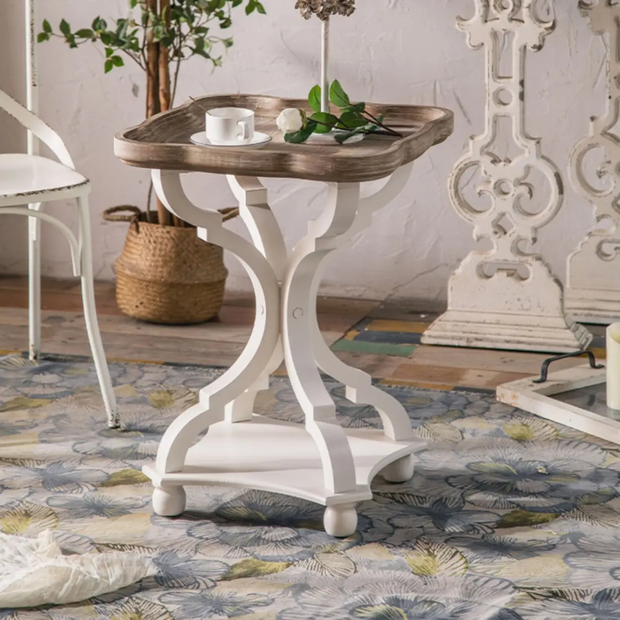 French Country Vintage White Carved Base Wood Side Table Image - 6