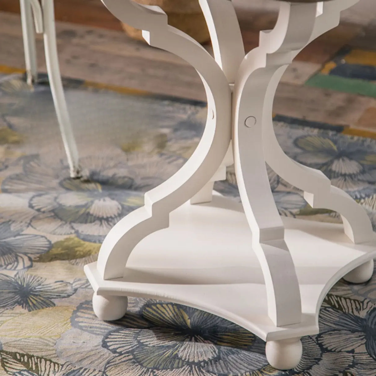 French Country Vintage White Carved Base Wood Side Table Image - 9