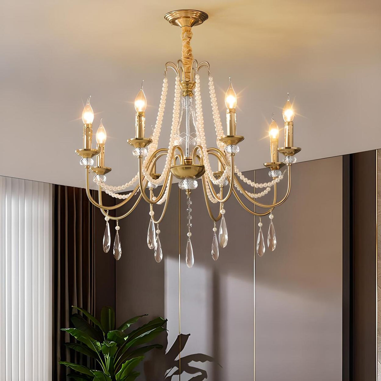 French Elegant Gold Pearls and Crystal Candle Chandelier Image - 1