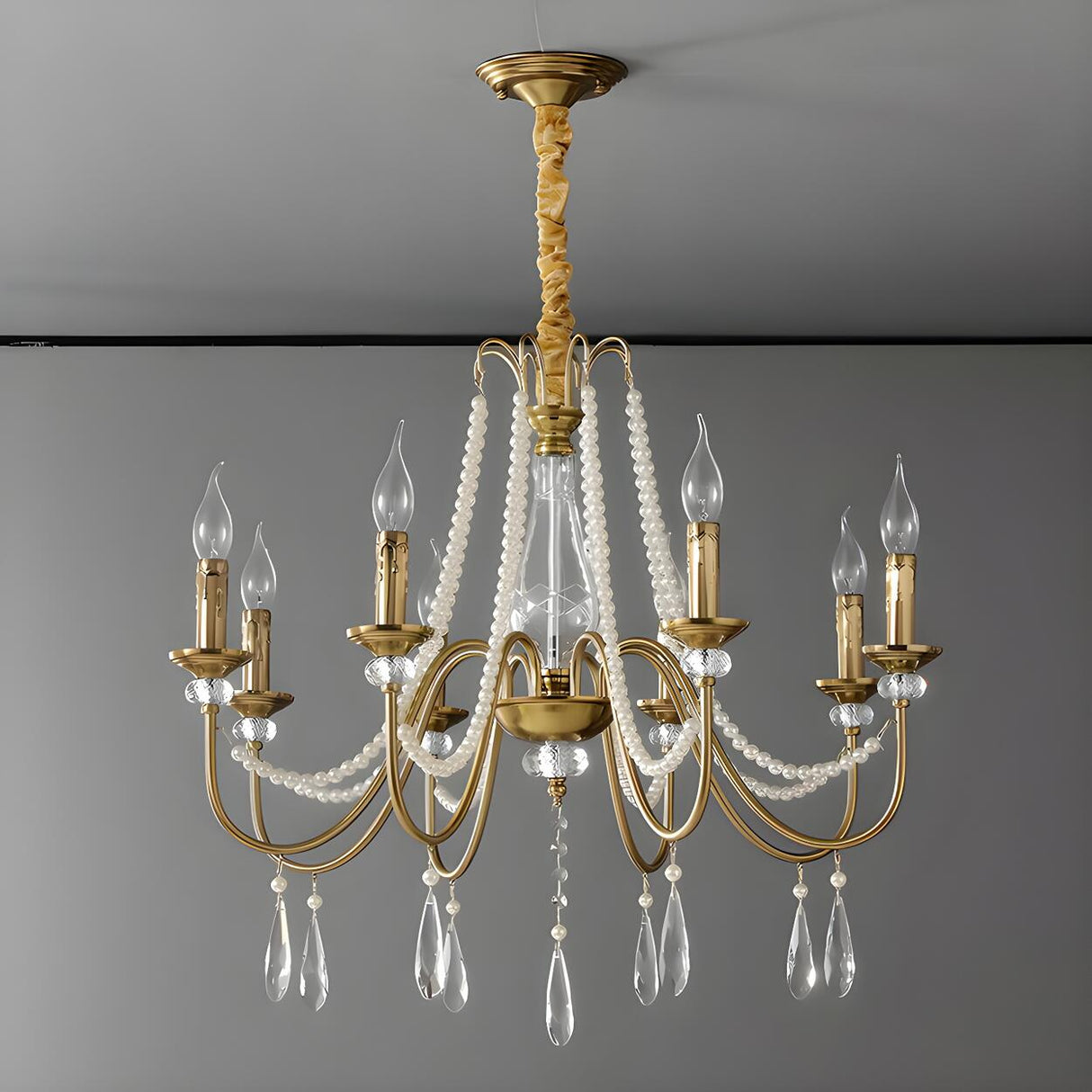 French Elegant Gold Pearls and Crystal Candle Chandelier Image - 10