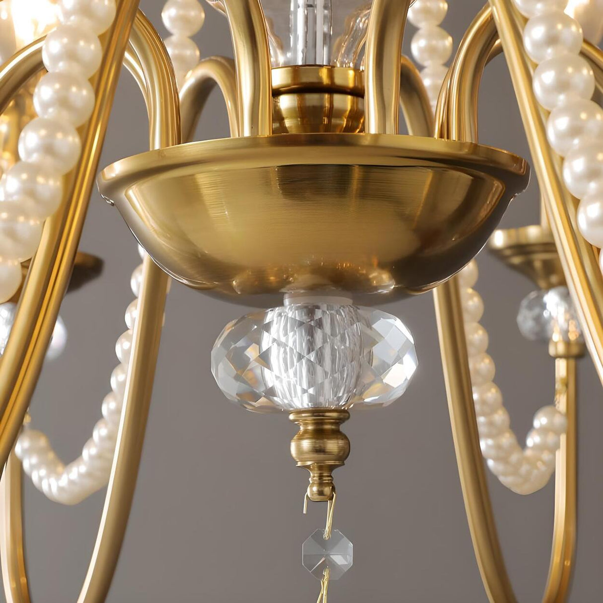 French Elegant Gold Pearls and Crystal Candle Chandelier Image - 12