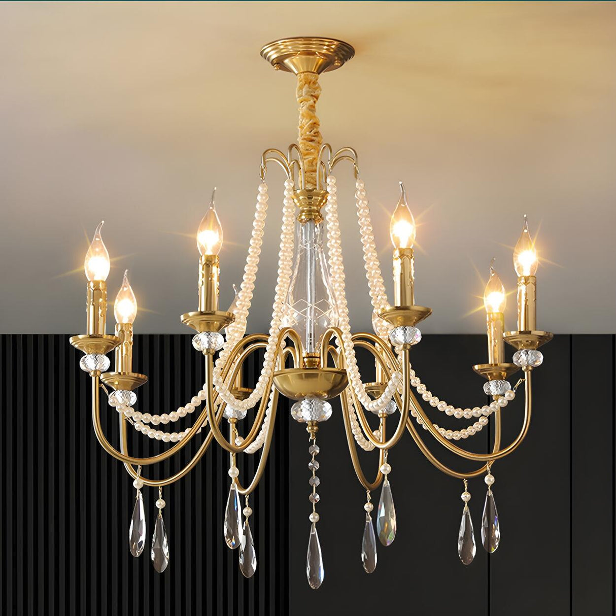 French Elegant Gold Pearls and Crystal Candle Chandelier Image - 14