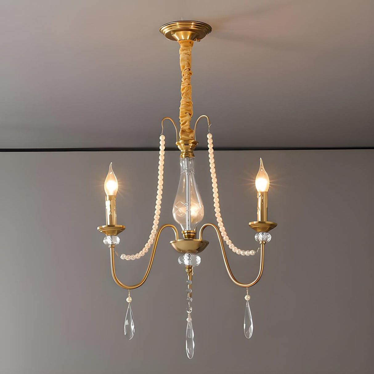 French Elegant Gold Pearls and Crystal Candle Chandelier Image - 2