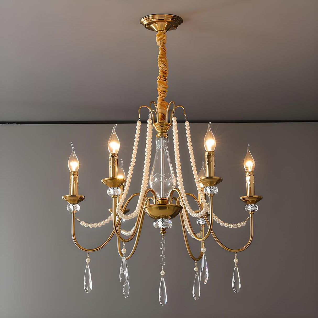 French Elegant Gold Pearls and Crystal Candle Chandelier Image - 3