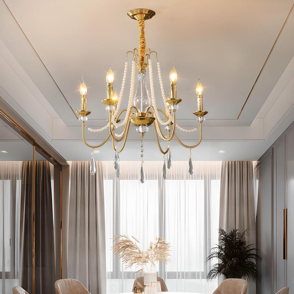 French Elegant Gold Pearls and Crystal Candle Chandelier Image - 4