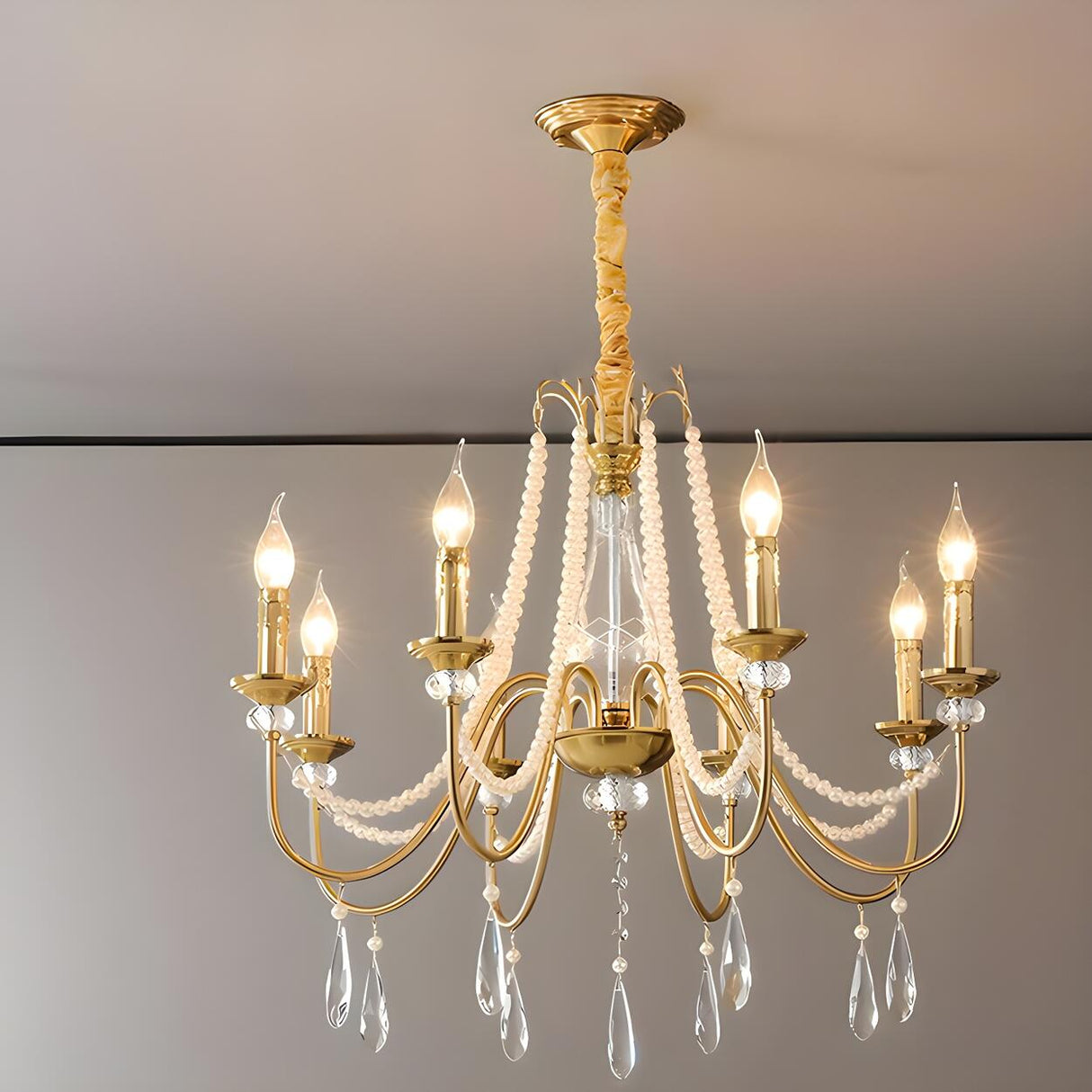 French Elegant Gold Pearls and Crystal Candle Chandelier Image - 5