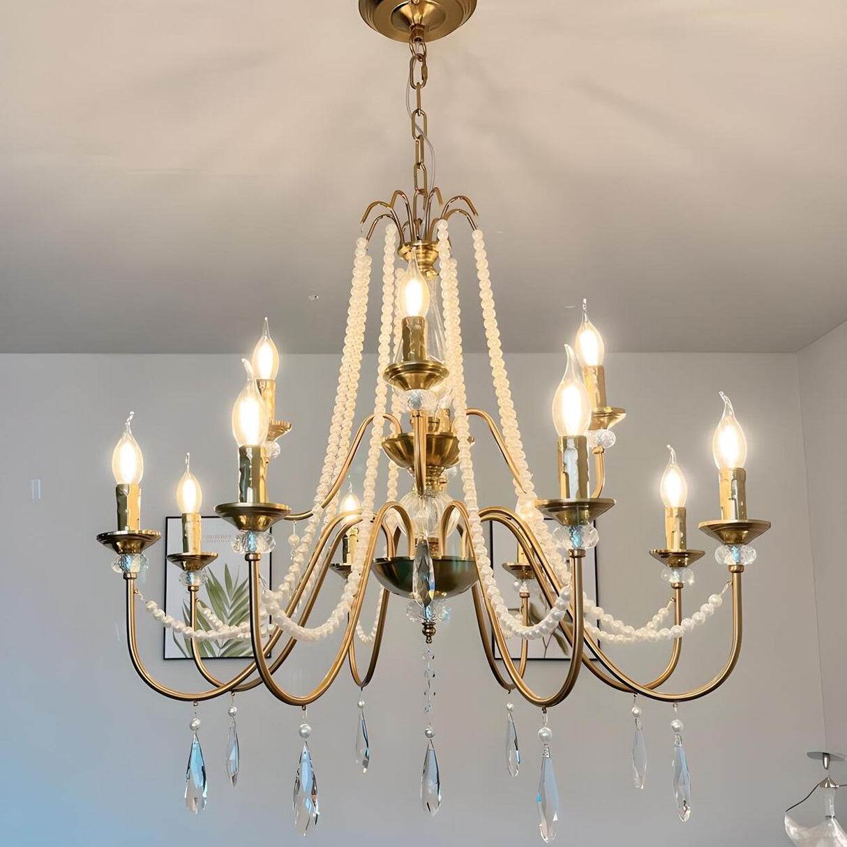 French Elegant Gold Pearls and Crystal Candle Chandelier Image - 6