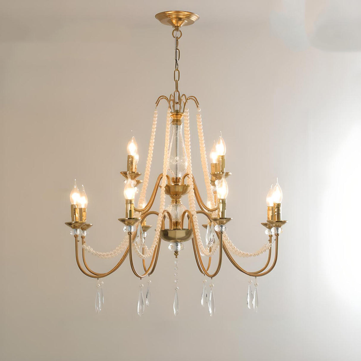 French Elegant Gold Pearls and Crystal Candle Chandelier Image - 7