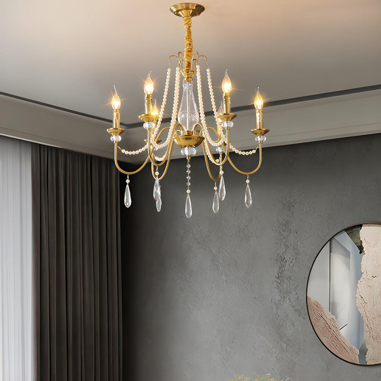 French Elegant Gold Pearls and Crystal Candle Chandelier Image - 8