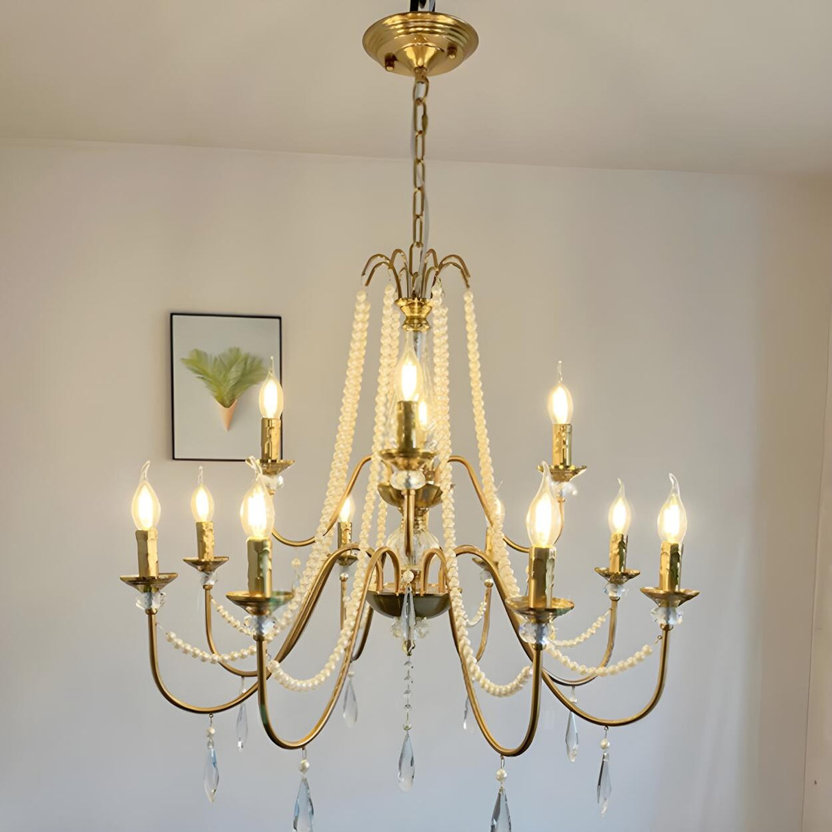 French Elegant Gold Pearls and Crystal Candle Chandelier Image - 9
