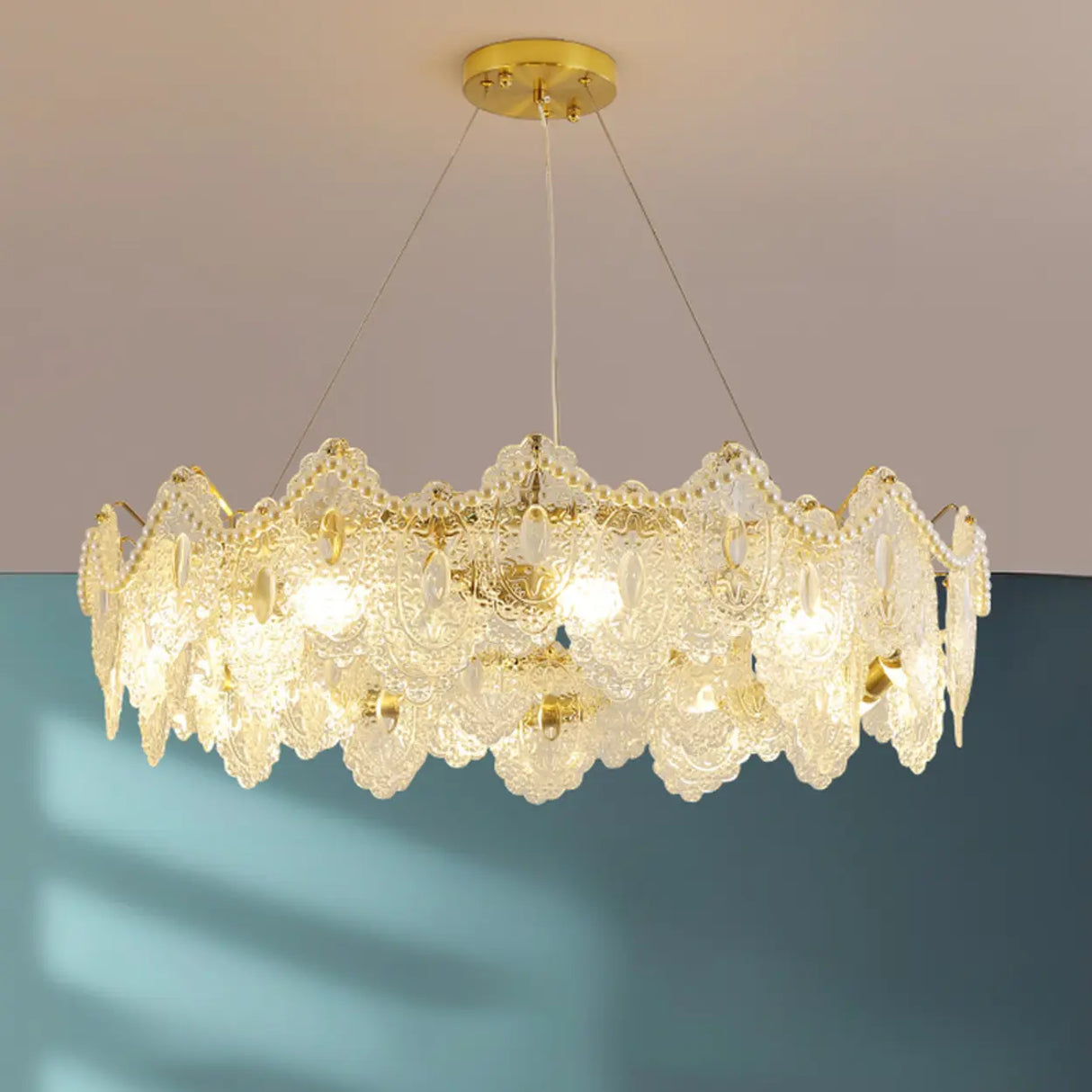 French Luxury Leaf Gold Glass Pendant Living Room Chandelier Image - 12