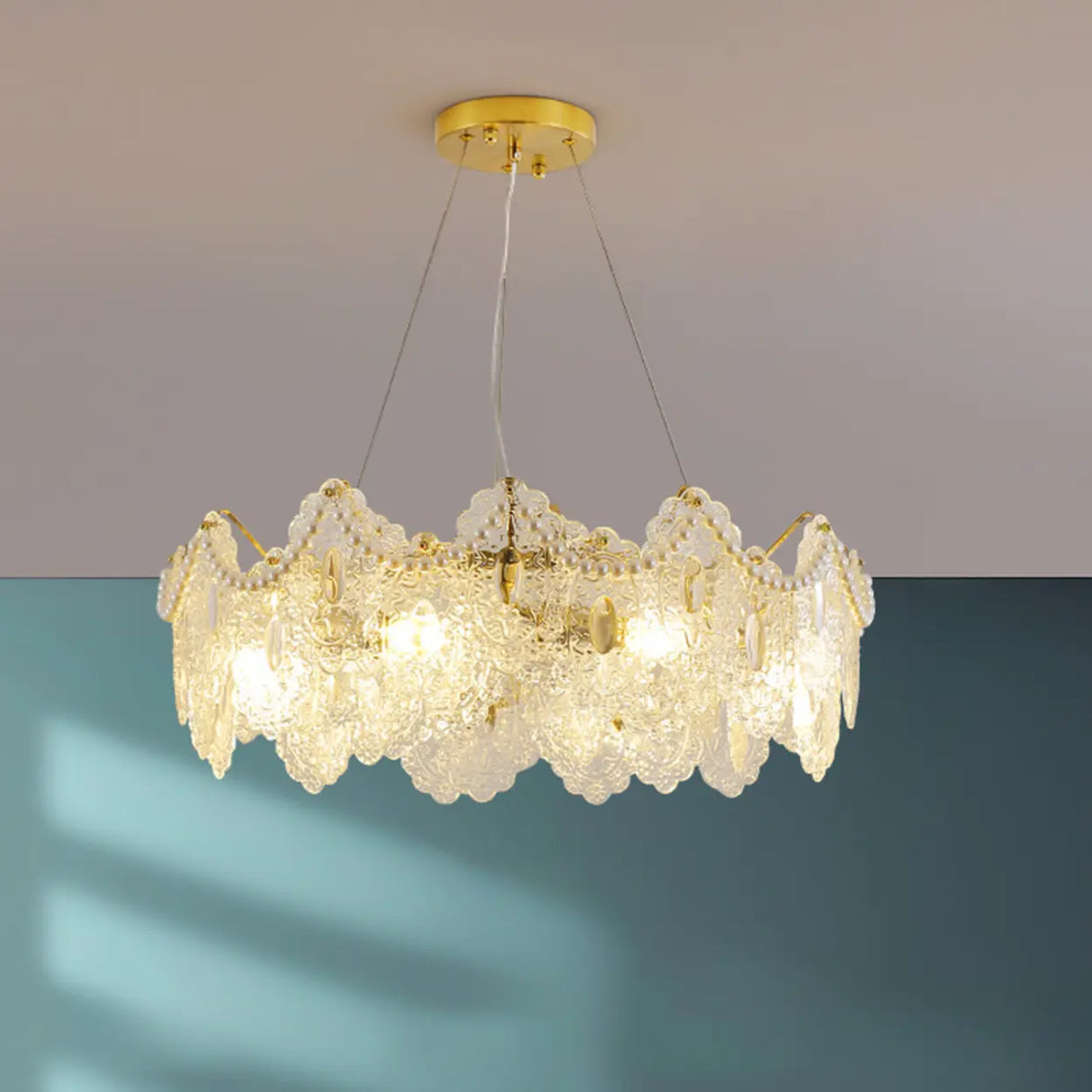 French Luxury Leaf Gold Glass Pendant Living Room Chandelier Image - 3