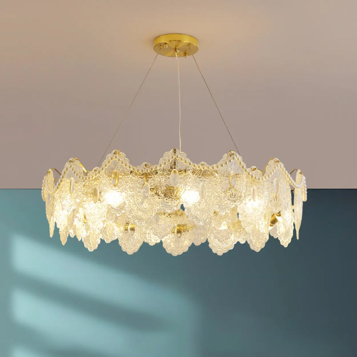 French Luxury Leaf Gold Glass Pendant Living Room Chandelier Image - 4