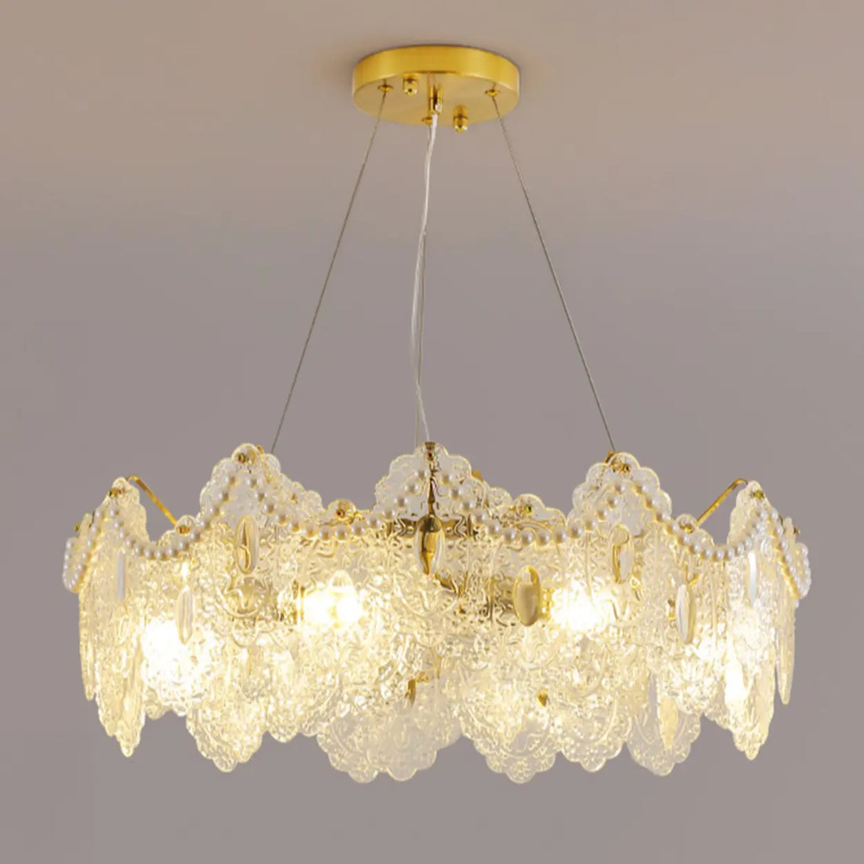 French Luxury Leaf Gold Glass Pendant Living Room Chandelier Image - 5