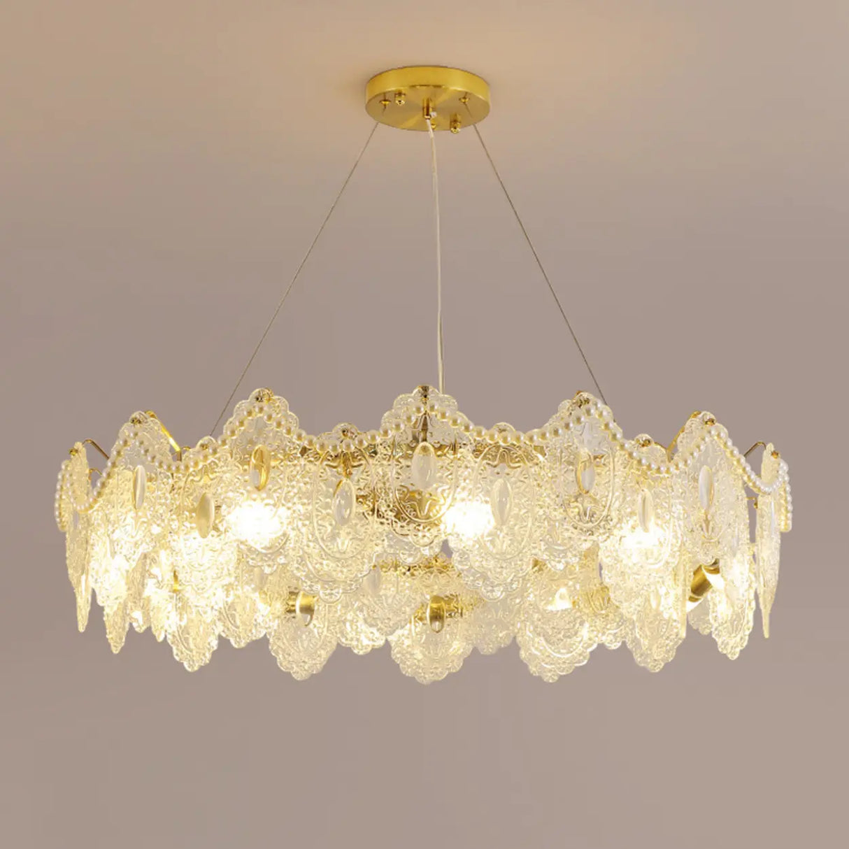 French Luxury Leaf Gold Glass Pendant Living Room Chandelier Image - 6