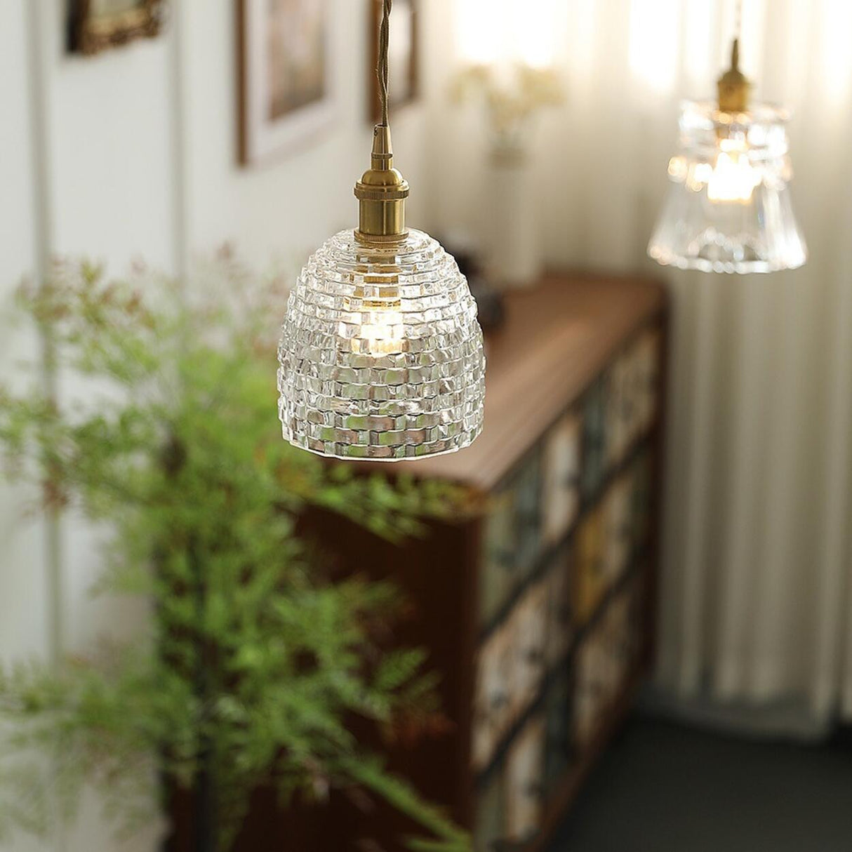 French Vintage Clear Glass Bell Vase Pendant Light Image - 3