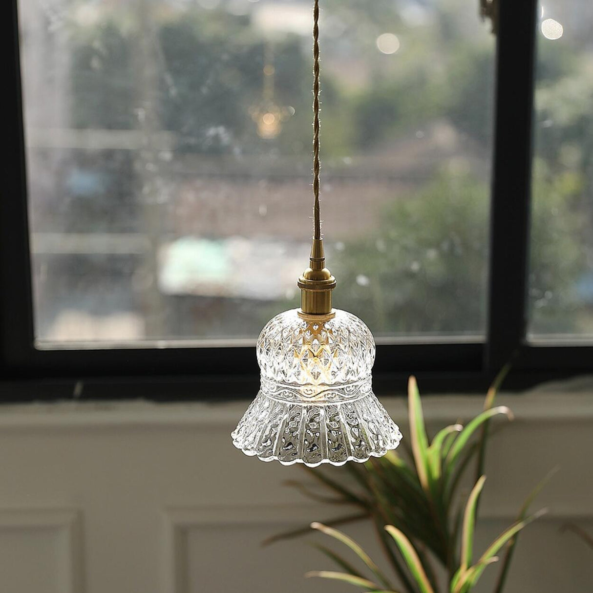 French Vintage Clear Glass Bell Vase Pendant Light Image - 4