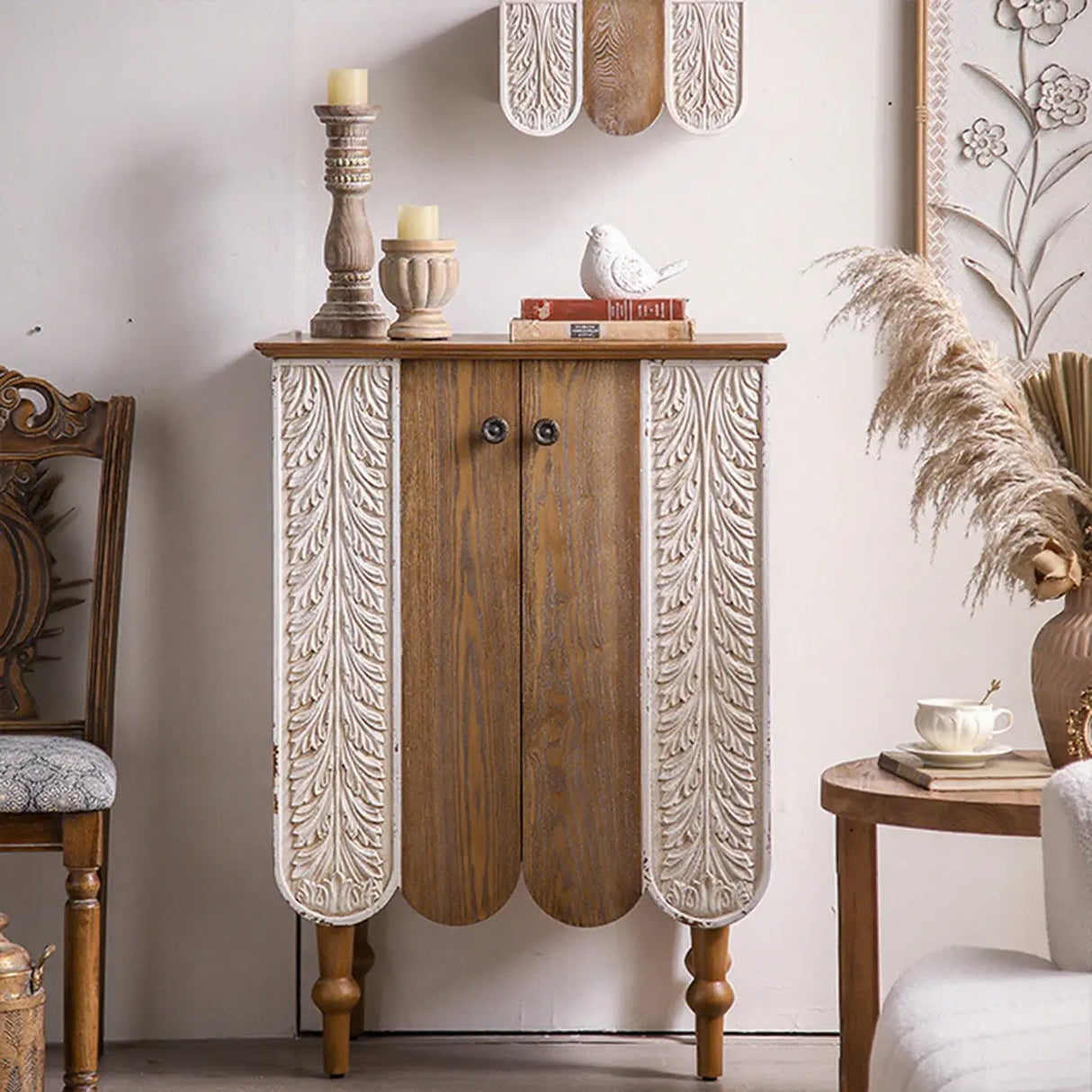 French Vintage Wood Embossed Entryway Console Table with Storage Image - 2