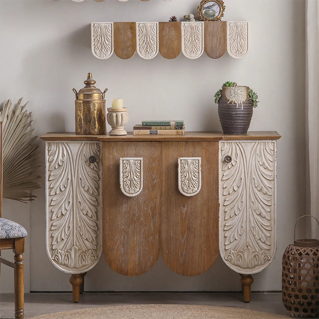 French Vintage Wood Embossed Entryway Console Table with Storage Image - 4