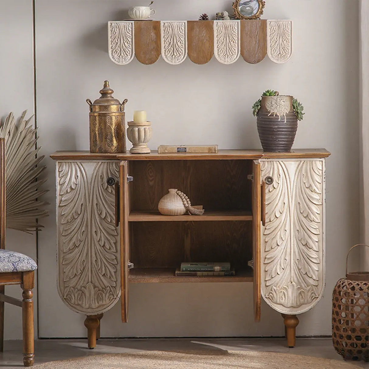 French Vintage Wood Embossed Entryway Console Table with Storage Image - 4