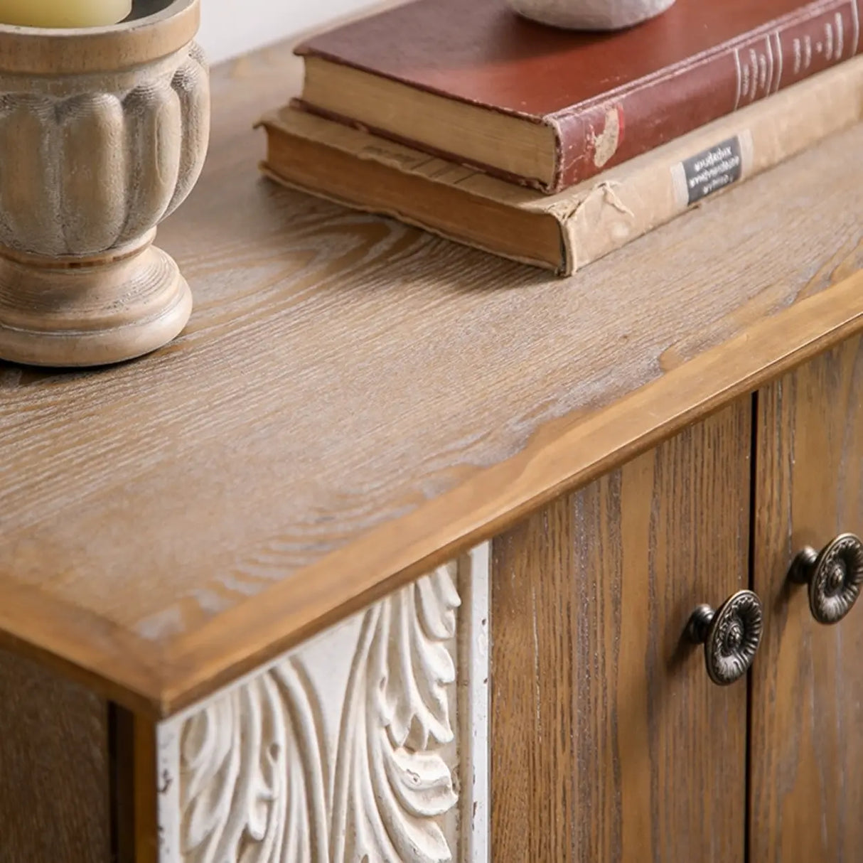 French Vintage Wood Embossed Entryway Console Table with Storage Image - 5