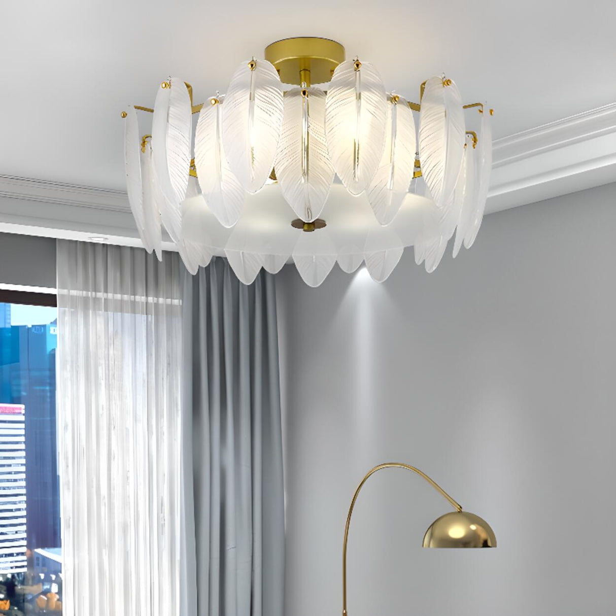 Frosted Feather Drum Crystal Semi-Flush Mount Light Image - 1