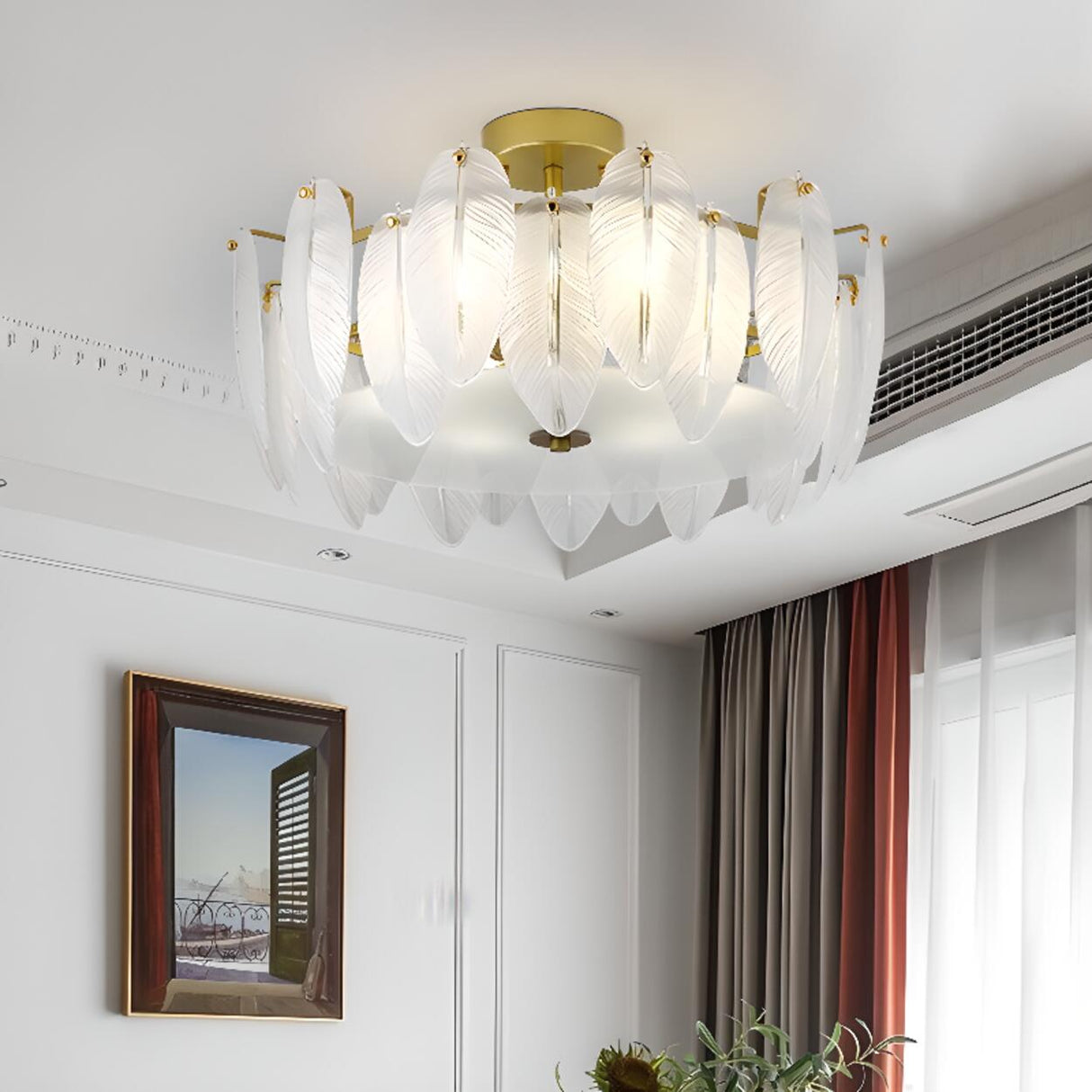 Frosted Feather Drum Crystal Semi-Flush Mount Light Image - 2