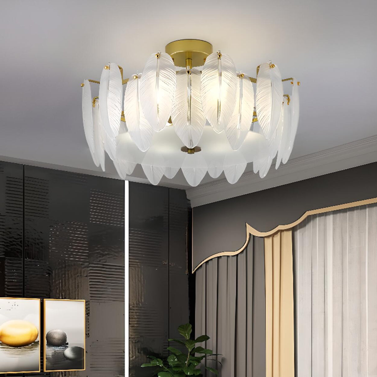 Frosted Feather Drum Crystal Semi-Flush Mount Light Image - 3