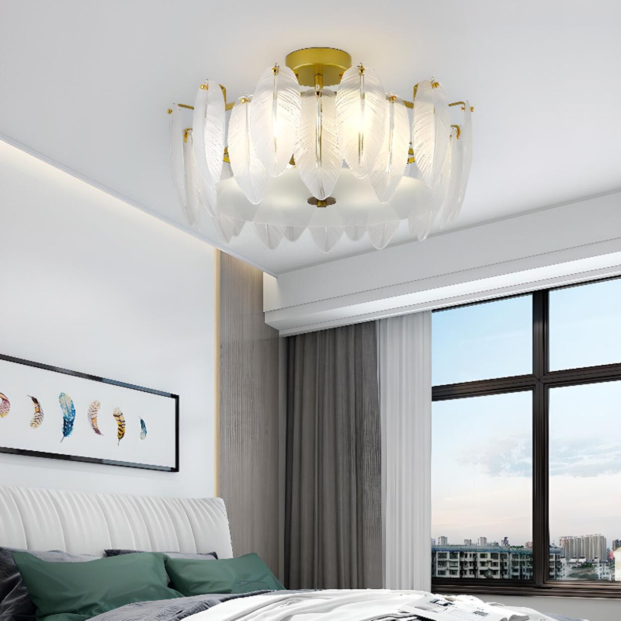 Frosted Feather Drum Crystal Semi-Flush Mount Light Image - 4