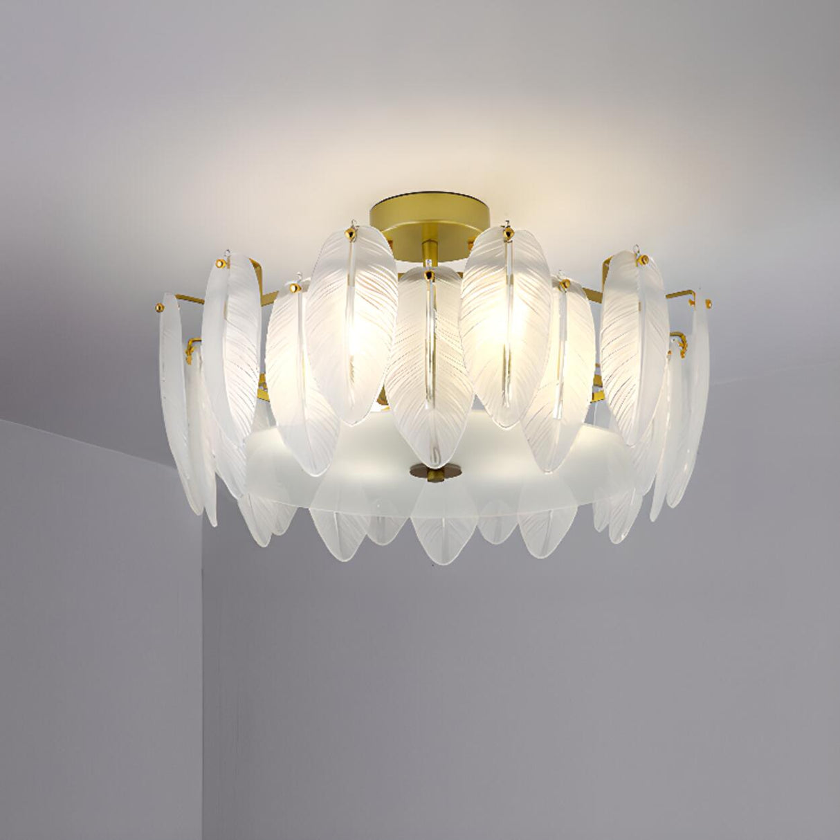 Frosted Feather Drum Crystal Semi-Flush Mount Light Image - 6