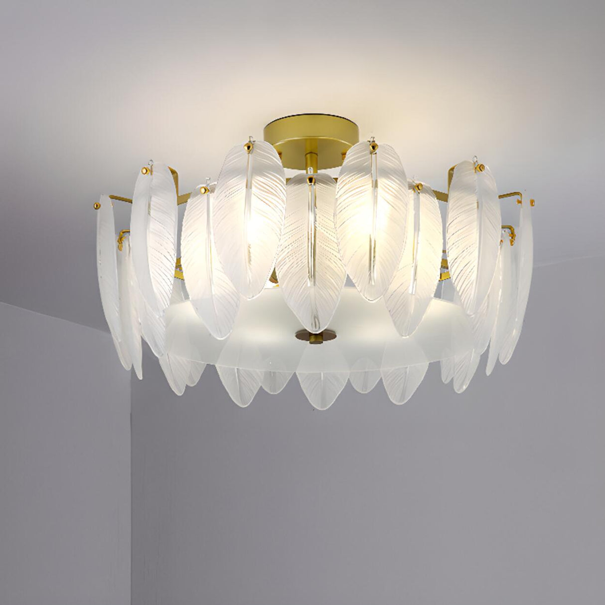 Frosted Feather Drum Crystal Semi-Flush Mount Light Image - 7